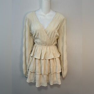 Cream Ruffled Wrap Dress with Bishop Sleeves